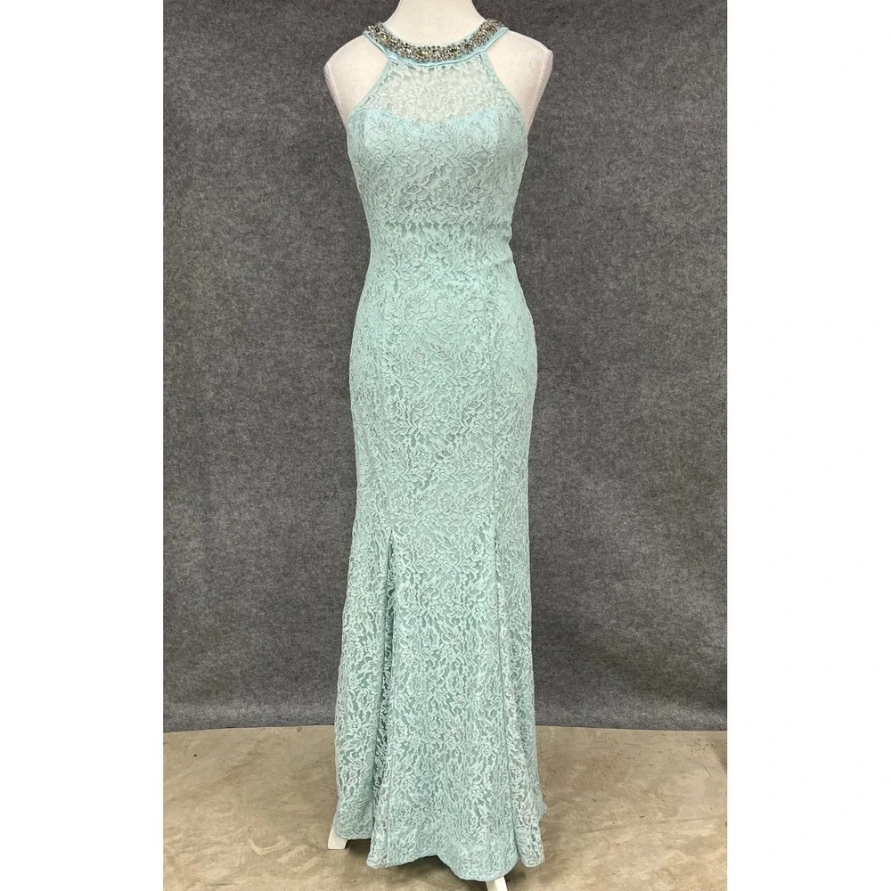 Sequin Hearts Light Blue Lace Beaded Halter Mermaid Formal Prom‎ Dress Size 7
